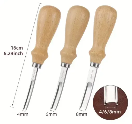 set 3 gubias curvas para cuero mango madera puntas 4mm 5mm 6mms 0