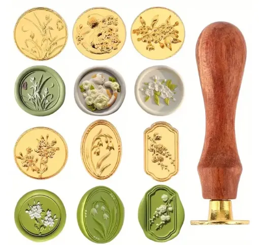 set 6 sellos vintage motivo floral para estampar cera 30mms mango madera 80mms 0