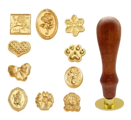 set 10 sellos vintage varios motivos para estampar cera mango madera 80mms 0