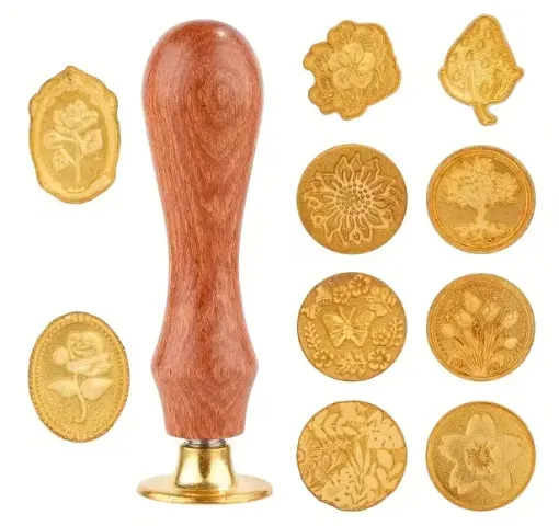 set 10 sellos vintage motivo floral para estampar cera 25mms mango madera 80mms 0