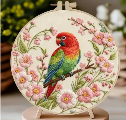kit para bordar 18cms incluye tela hilos agujas sin bastidor motivo impreso loro flores 0