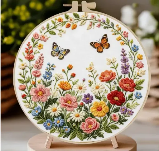 kit para bordar 18cms incluye tela hilos agujas sin bastidor motivo impreso jardin mariposas 0