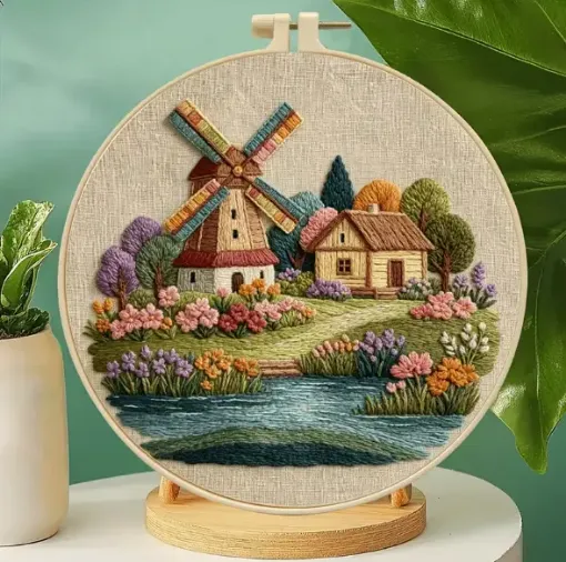 kit para bordar 18cms incluye tela hilos agujas sin bastidor motivo impreso paisaje molino 0