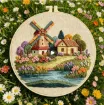 kit para bordar 18cms incluye tela hilos agujas sin bastidor motivo impreso paisaje molino 2