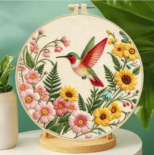 kit para bordar 18cms incluye tela hilos agujas sin bastidor motivo impreso picaflor flores 0
