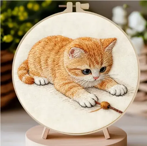 kit para bordar 18cms incluye tela hilos agujas sin bastidor motivo impreso gatito jugando 0