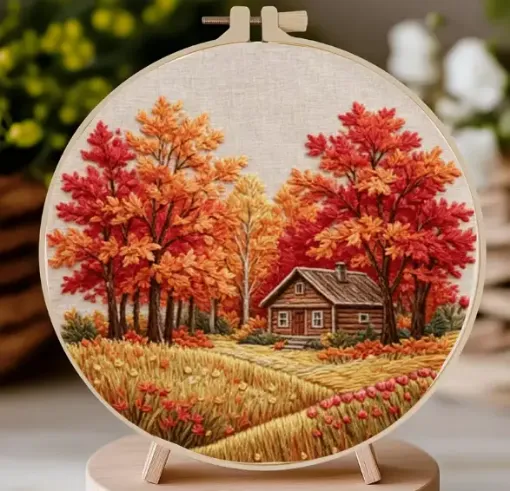 kit para bordar 18cms incluye tela hilos agujas sin bastidor motivo impreso paisaje otonal 0