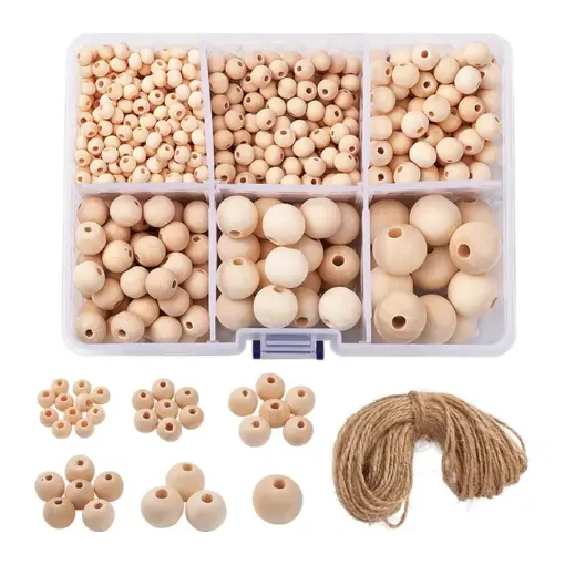 set cuentas madera natural esfera lisa agujero x6 medidas diferentes caja 1100 unidades aprox 0