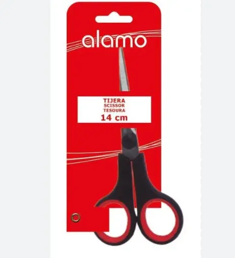 tijera punto rojo acero inoxidable asimetrica mango abs 14cms alamo 0