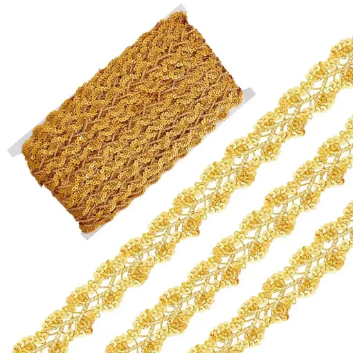 galon metalizado ribete poliester lentejuelas 25mms color oro por 13mts 0