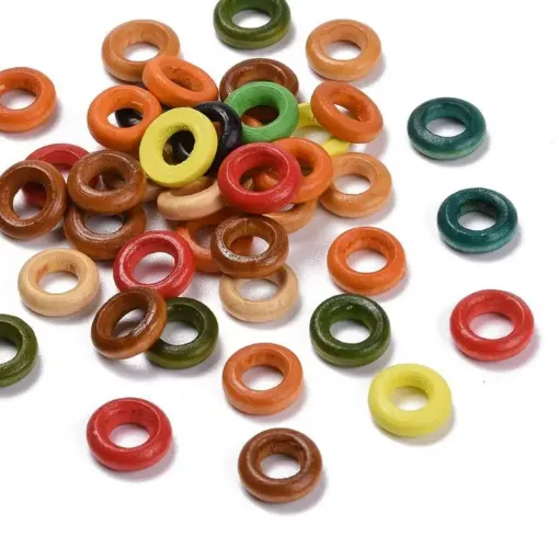 anillas aritos madera donuts 12x4mms orificio 6mms x100 unidades aprox multicolor 0