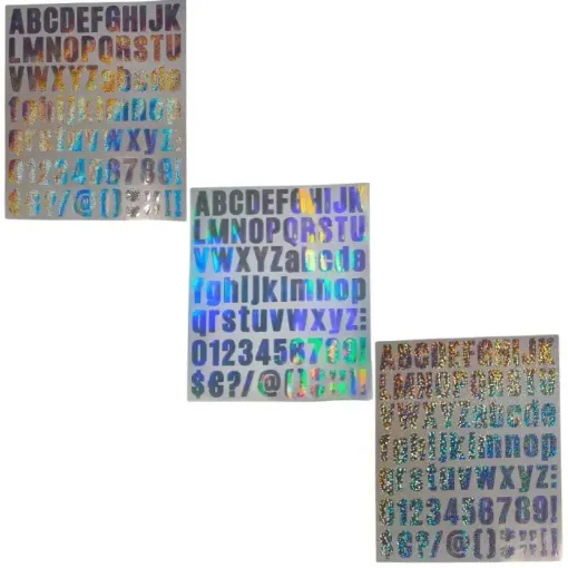 stickers adhesivos pvc impermeables plancha 23x20cms motivo letras numeros plata holografica varios 0