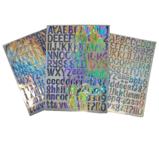 stickers adhesivos pvc impermeables plancha 29x21cms motivo letras numeros plata holografica varios 0