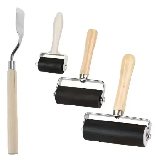 set 3 rodillos goma para grabado serigrafia brayer mango madera espatula 0