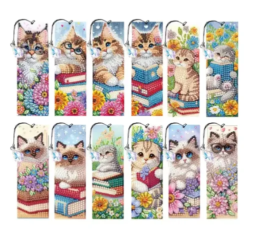 set pintura diamantes 5d adhesivos marcapaginas marcador libro 15x5cms x12 motivos gatitos 0