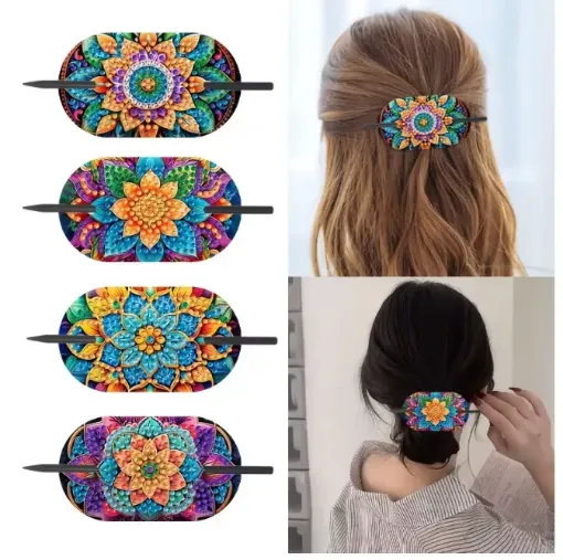 set pintura diamantes 5d adhesivos clip broche cabello medida 95x55mms x4 motivos diferentes 0