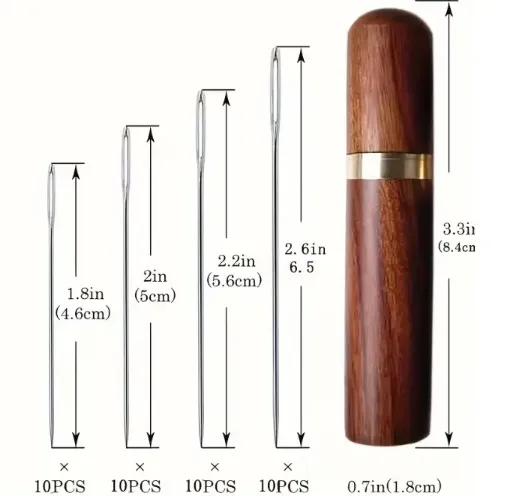 set 40 agujas para costura ojo grande x4 medidas diferentes estuche madera 0