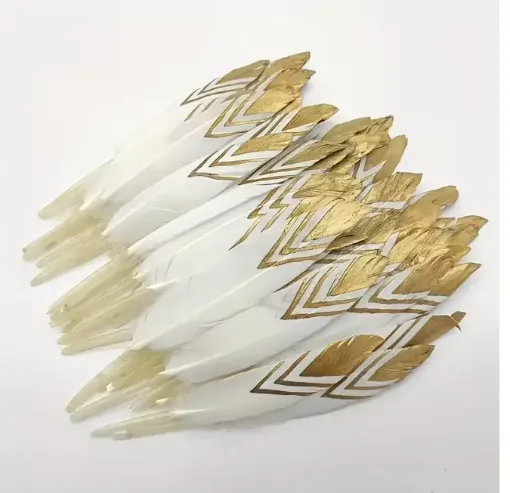 pluma blanca punta dorada 10 15cms por 10 unidades 0