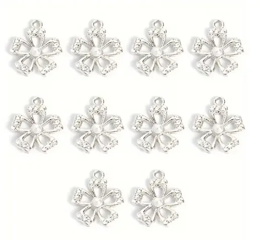 dije colgante metalico modelo flor 5 petalos strass perla medida 17x15mms x5 unidades color platead 0