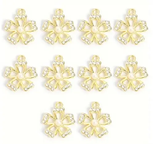 dije colgante metalico modelo flor 5 petalos strass perla medida 17x15mms x5 unidades color dorado 0