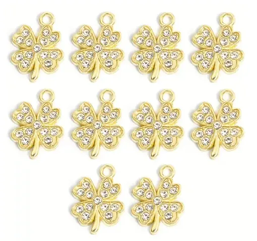 dije colgante metalico modelo trebol 4 hojas strass medida 19x14mms x5 unidades color dorado 0