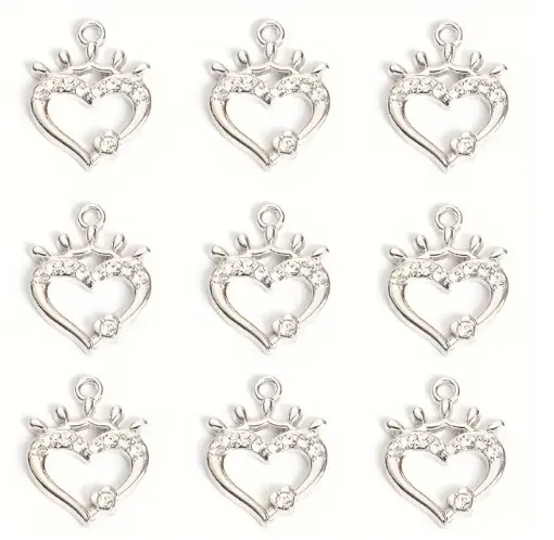dije colgante metalico modelo corazon corona strass medida 19x15mms x5 unidades color plateado 0