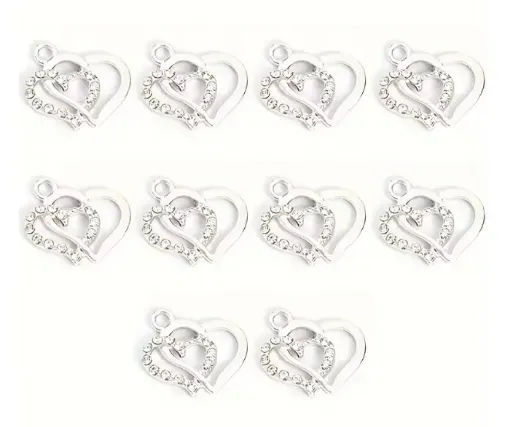 dije colgante metalico modelo corazon doble strass medida 18x16mms x5 unidades color plateado 0