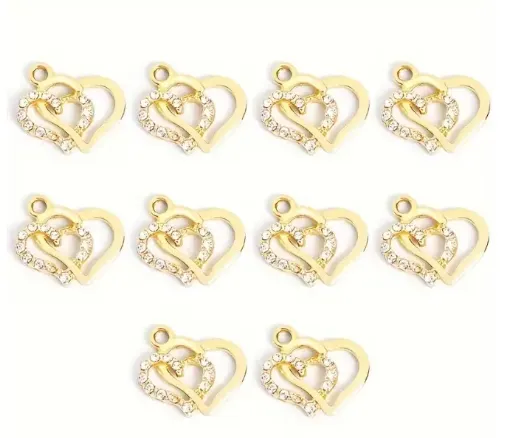 dije colgante metalico modelo corazon doble strass medida 18x16mms x5 unidades color dorado 0