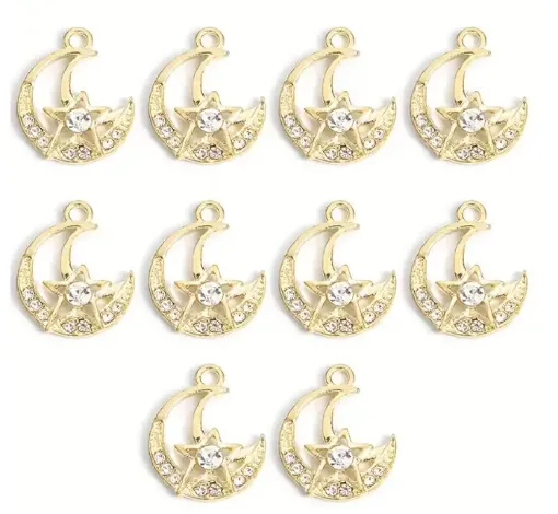 dije colgante metalico modelo luna estrella strass medida 19x16mms x5 unidades color dorado 0