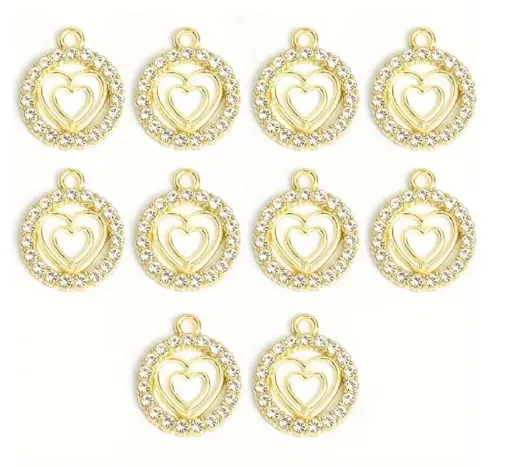dije colgante metalico modelo moneda corazones strass medida 17x14mms x5 unidades color dorado 0