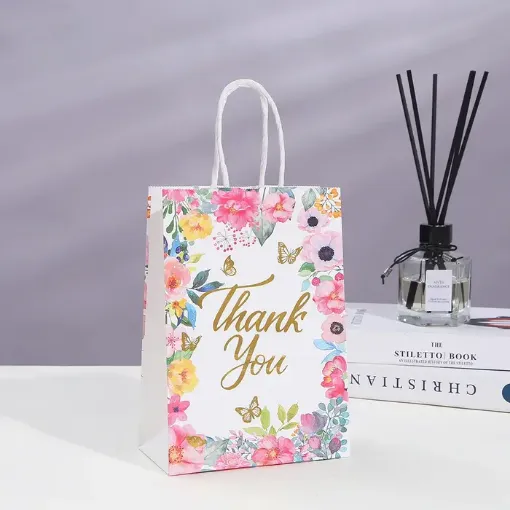 bolsa papel asa cuerda medida 15x21x8cms blanca motivo floral dorado thank you por unidad 0