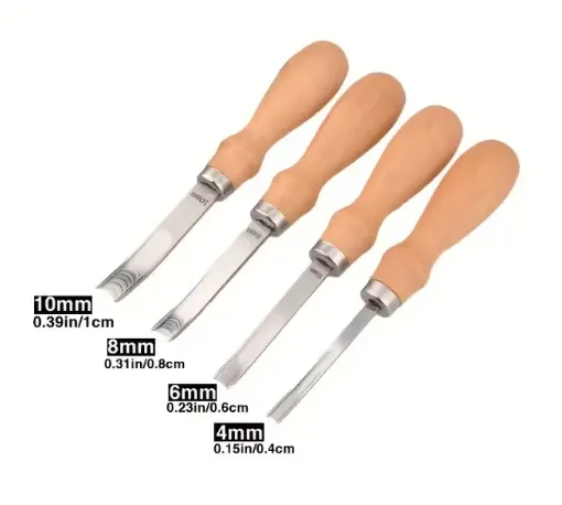 set 4 gubias curvas recortador para cuero mango madera puntas 4mm 6mm 8mm 10mms 0