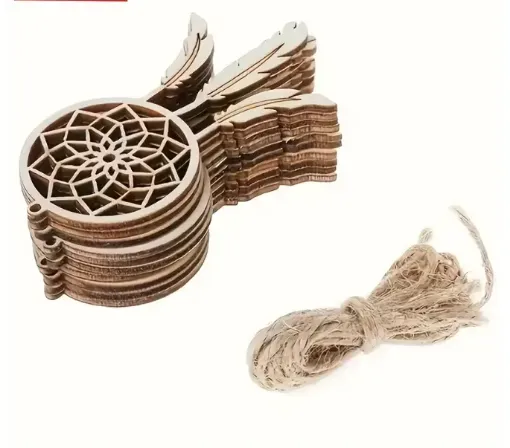 apliques calados madera forma mandala plumas medida 90x55mms x5 unidades cuerda 0