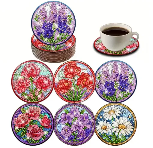 set pintura diamantes 5d adhesivos posavasos circular 10cms x6 unidades modelo florales 0