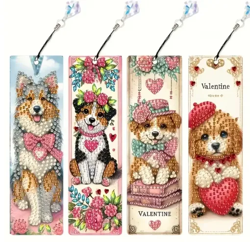 set pintura diamantes 5d adhesivos marcapaginas marcador libro 15x5cms x4 motivos perros 0