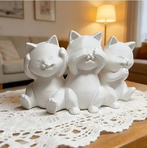 pieza impresion 3d abs modelo 3 gatos sabios medida 90x40x60mms color blanco 0