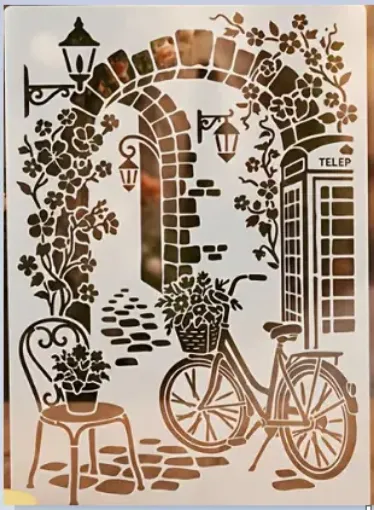 stencil plantilla reutilizable pet 30x21cms modelo escena europea parisina bicicleta 0