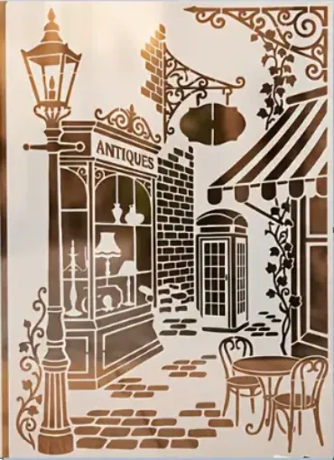 stencil plantilla reutilizable pet 30x21cms modelo escena europea parisina farol 0