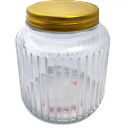 frasco vidrio labrado tapa rosca metal dorada 380ml medida 7 5x10cms 0