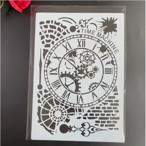 stencil plantilla reutilizable pet 30x21cms modelo time machine reloj vintage 0