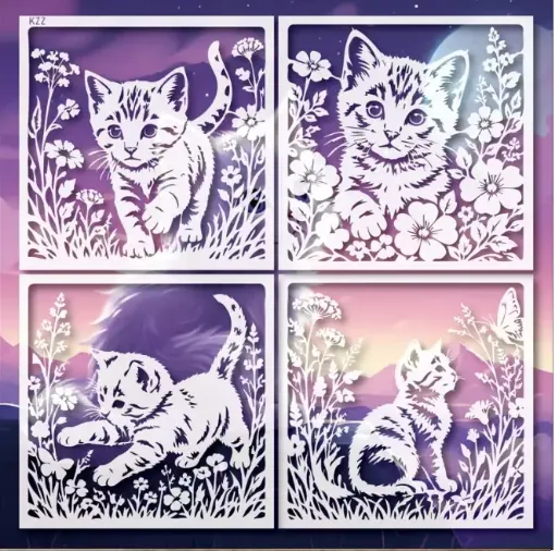 stencil plantilla reutilizable 20x20cms modelo gatos floral 4 modelos diferentes precio unitario 0