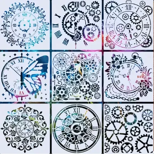 stencil plantilla reutilizable 20x20cms modelo relojes engranajes 9 modelos diferentes precio unitario 0