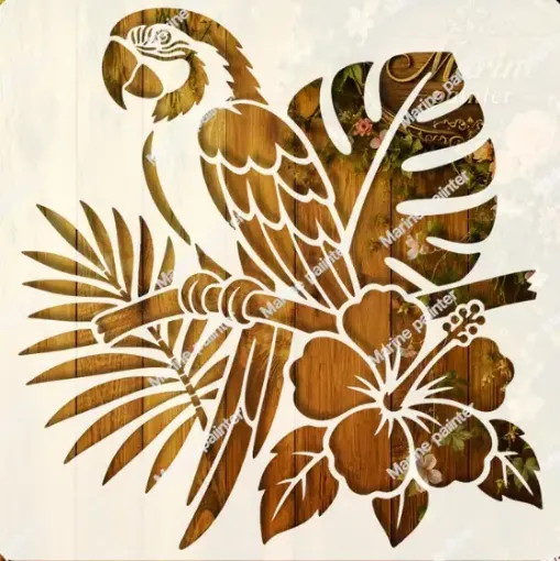 stencil plantilla reutilizable 15x15cms modelo loro tropical 0
