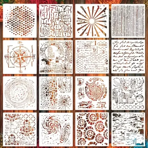 stencil plantilla reutilizable 15x15cms modelo texturas vintage x16 motivos diferentes precio unitario 0