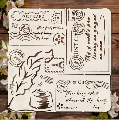 stencil plantilla reutilizable 15x15cms modelo postal vintage plumin 0