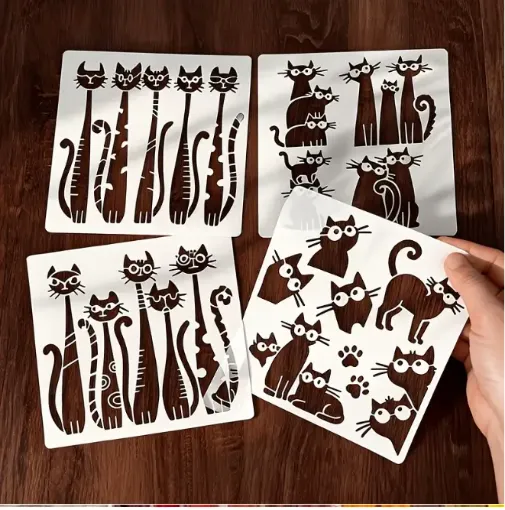 stencil plantilla reutilizable 15x15cms modelo gatitos caprichosos set 4 modelos diferentes 0