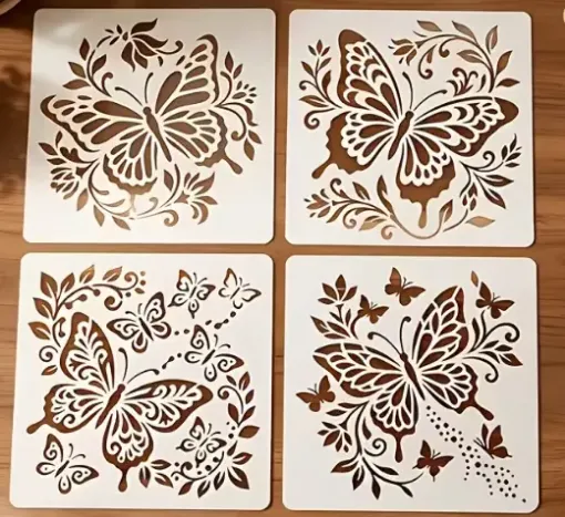 stencil plantilla reutilizable 10x10cms modelo mariposas floral set 4 modelos diferentes 0