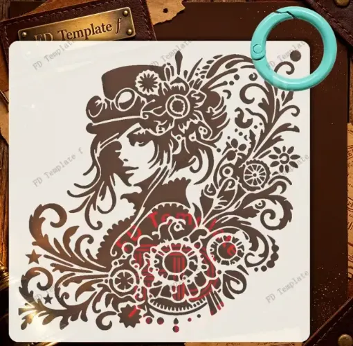 stencil plantilla reutilizable 15x15cms modelo dama sombrero copa steampunk 0