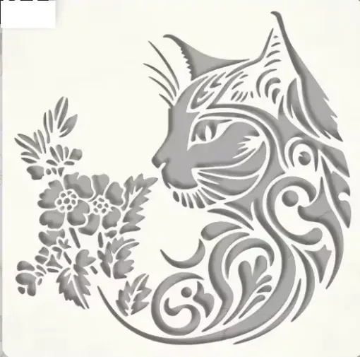 stencil plantilla reutilizable 15x15cms modelo gato floral vintage 0