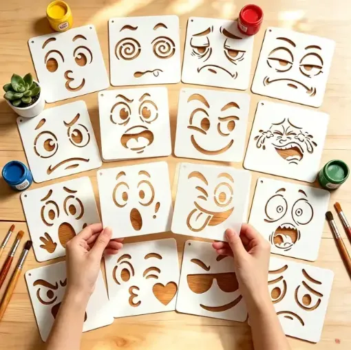 stencil plantilla reutilizable 7 5x7 5cms modelo caritas emoticones set 16 modelos diferentes 0